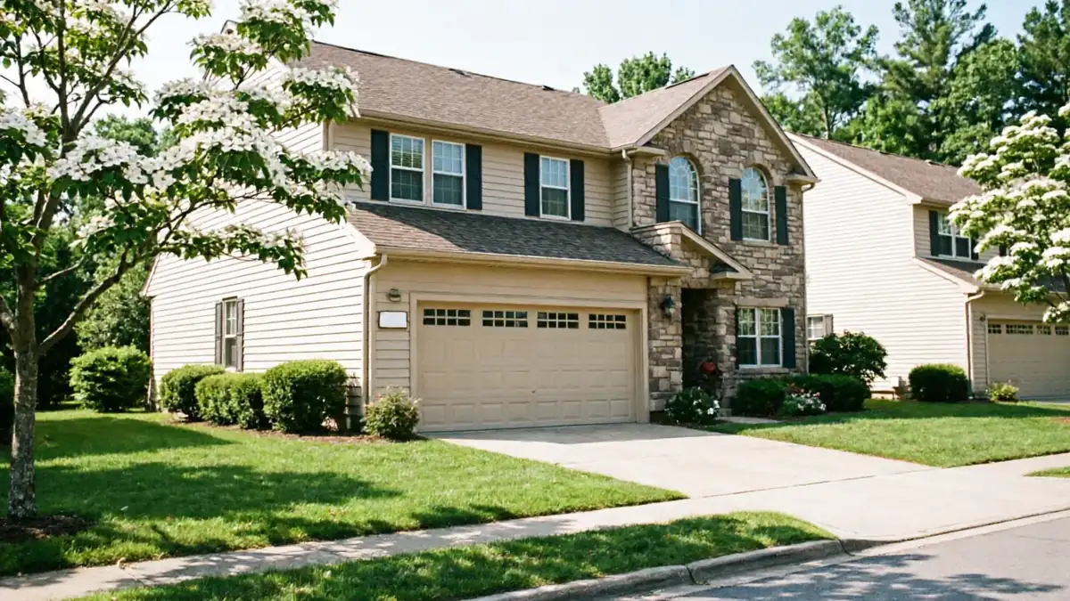 A two-story house with a beige garage door and stone and siding exterior.