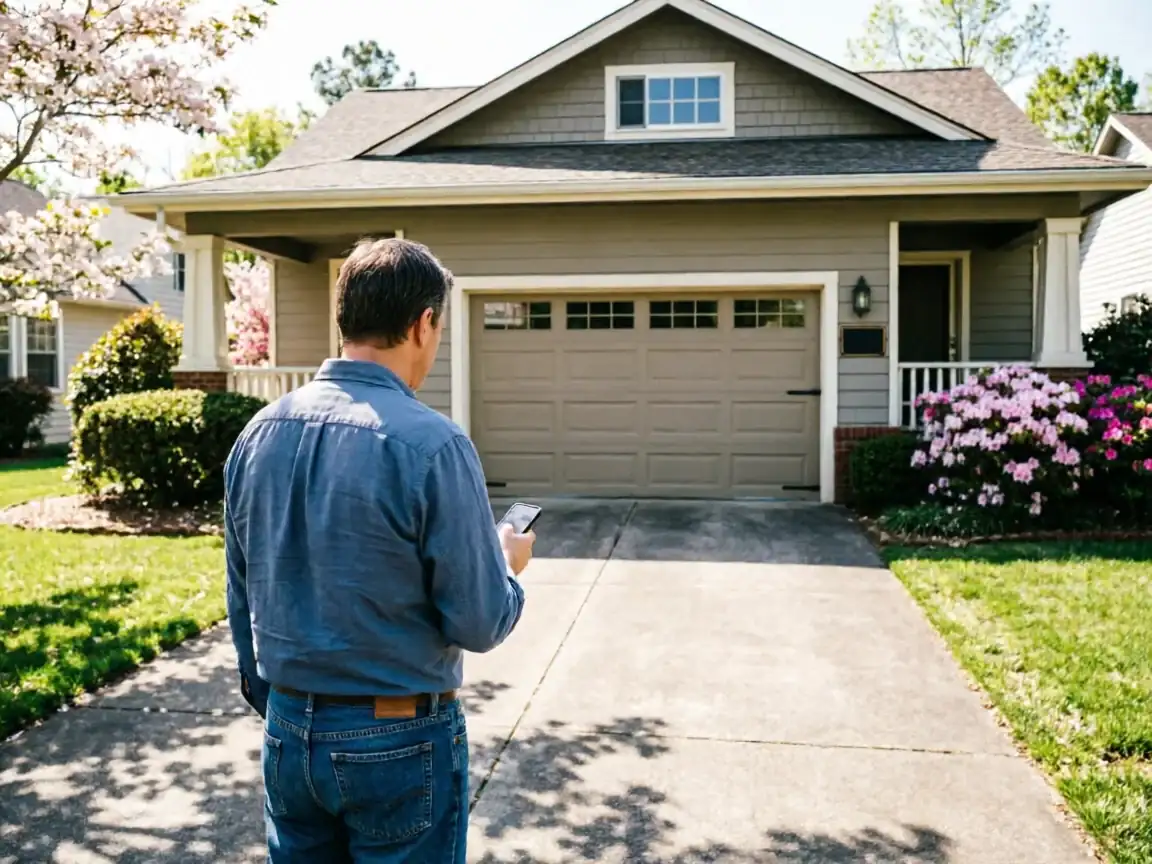 A man stands in a driveway looking at his phone in front of a house.